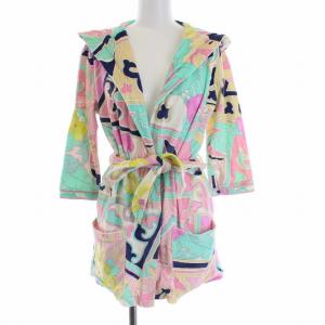 SOLEIL フーテッド ガウンコート ルームウェア 七分袖 花柄 総柄 S マルチカラー
