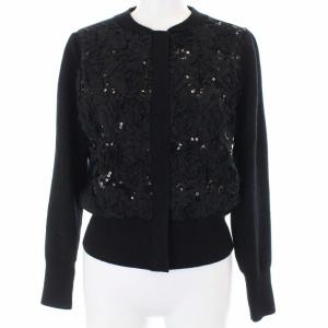 M'S GRACY カーディガン ニット 長袖 ジップアップ 近年モデル スパンコール 切替 花モチーフ ウール 38 M 黒 ブラック