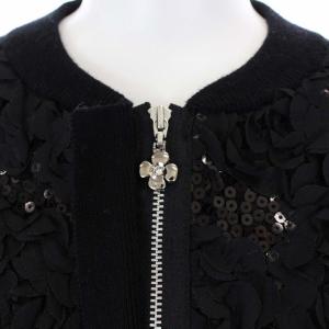M'S GRACY カーディガン ニット 長袖 ジップアップ 近年モデル スパンコール 切替 花モチーフ ウール 38 M 黒 ブラック