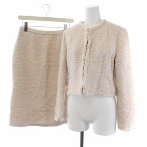 スーツ セットアップ ノーカラージャケット スカート ひざ丈 タイト ツイード 38 ベージュ