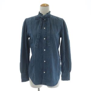 デニムシャツ ブラウス 長袖 フリル リボン 0 XS インディゴ