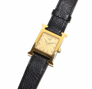 Hウォッチ 腕時計 レザー クォーツ ブラック ゴールド F刻印 HH1.201