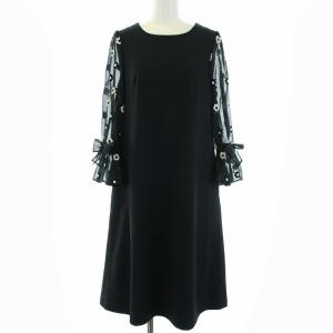 21SS ロングワンピース シアー切替 七分袖 フローラル M 黒