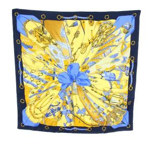 カレ90 soleil de soie スカーフ 紺 黄色