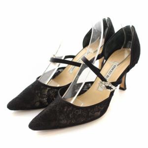 MANOLO BLAHNIK パンプス ピンヒール ポインテッドトゥ レース ビジュー ストラップ 36.5 ブラック