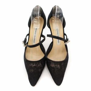 MANOLO BLAHNIK パンプス ピンヒール ポインテッドトゥ レース ビジュー ストラップ 36.5 ブラック