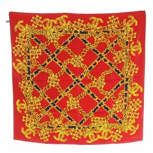 スカーフ 大判 ココマーク チェーン柄 絹 シルク 赤 ゴールド 紺