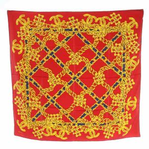 CHANEL スカーフ 大判 ココマーク チェーン柄 絹 シルク 赤 ゴールド 紺