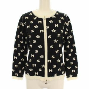 近年モデル カーディガン ニット ロゴ パール 総柄 ジップアップ 38 ブラック