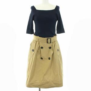 19SS ワンピース ニット 切替 五分袖 ひざ丈 38 ネイビー ベージュ