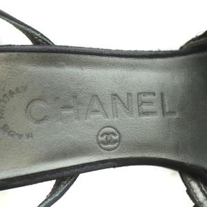 CHANEL ストラップサンダル ピンヒール ラウンドトゥ シアー フリル ココマーク 36 ブラック