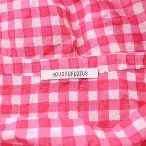 HOUSE OF LOTUS コットンチェックスクエアギャザーワンピース 七分袖 M ピンク ホワイト