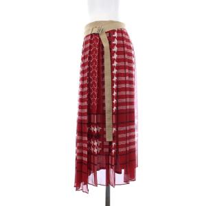 sacai ラップスカート プリーツ ひざ丈 総柄 ベルトデザイン レッド