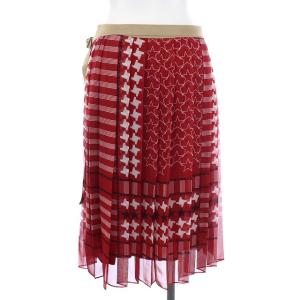 sacai ラップスカート プリーツ ひざ丈 総柄 ベルトデザイン レッド