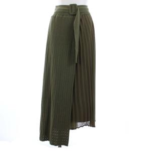 19SS プリーツ ニットスカート ロング 切替 アシンメトリー 36 S カーキ