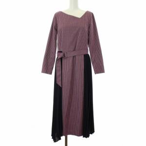 19AW プリーツ切替チェックワンピース ロング ミモレ丈 アシンメトリー 長袖 ベルト 36 S パープル
