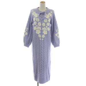 20AW ケーブルニットワンピース ロング丈 ミモレ丈 レースアップ 長袖 ボリュームスリーブ 花柄刺繍 ウール混 36 S