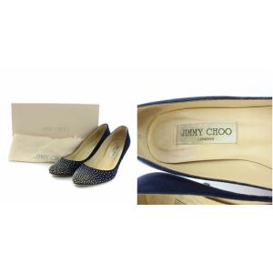 JIMMY CHOO パンプス ラウンドトゥ スエード ピンヒール スタッズ 36.5 ネイビー