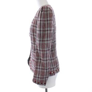 ISABEL MARANT ETOILE 18AW ノーカラージャケット チェック 刺繍 リネン100％ 36 グレー レッド 