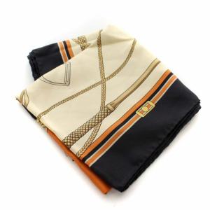 CELINE スカーフ 大判 シルク サテン 総柄 ベージュ オレンジ