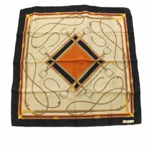 CELINE スカーフ 大判 シルク サテン 総柄 ベージュ オレンジ