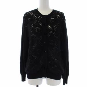 ニットカーディガン 長袖 かぎ編み クルーネック コットン リネン 1 ブラック