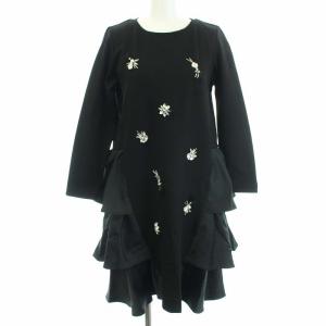 19AW ワンピース ビジュー ティアード ひざ丈 長袖 0 XS ブラック