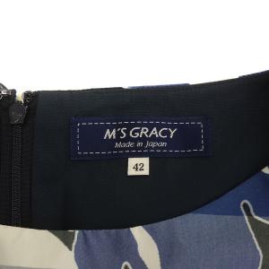 M'S GRACY 2019年製 ワンピース ノースリーブ ひざ丈 ベルト 総柄 42 XL ブラック ネイビー
