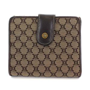 CELINE ヴィンテージ マカダム柄 Wホック 二つ折り財布 キャンバス レザー 切替 ベージュ ブラウン 茶