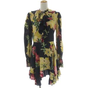 21年製 フレアワンピース チュニック フリル 花柄 シルク 38 紺