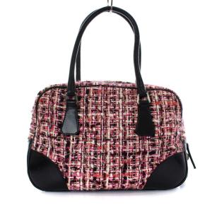 PRADA ツイード ボストンバッグ ハンドバッグ 三角プレート レザー ピンク