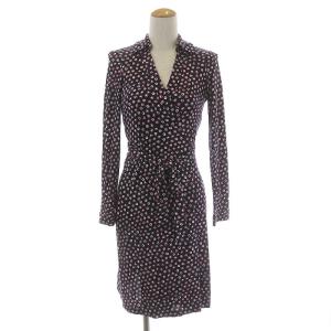 ラップワンピース タイト ひざ丈 総柄 絹 シルク 2 S 紺 ネイビー 赤 レッド 白 ホワイト