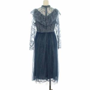 LANVIN en Bleu ワンピース ドレス チュール ハイネック フレア ロング レース 長袖 38 ブルー