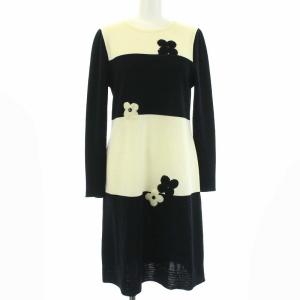 2020年 ワンピース ニット 長袖 ボーダー フラワーモチーフ 38 M ブラック アイボリー