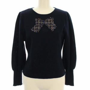 近年モデル ニット カットソー 長袖 ツイードリボン パフスリーブ 38 S-M ネイビー