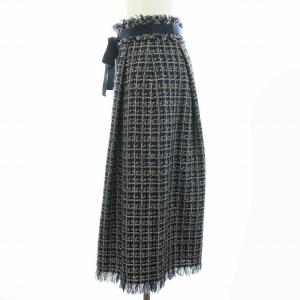 M'S GRACY 近年モデル スカート ミモレ丈 ロング ツイード リボン 38 ネイビー