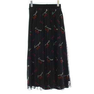 スカート ロング ギャザー 切替 レース ニット 刺繍 ウール S 36 ブラック