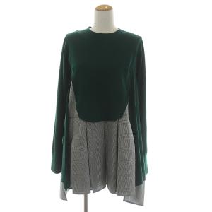 21AW ニットレイヤード プリーツプルオーバー ワンピース ひざ丈 クルーネック チェック グリーン