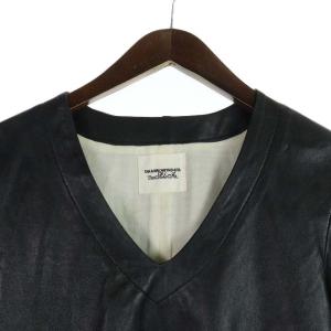 TAKAHIROMIYASHITATheSoloIst. カットソー Vネック レザー ラムレザー カットオフ フェイクレイヤード 半袖 44 ブラック