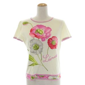 FASHION Tシャツ カットソー クルーネック 花柄 L アイボリー ピンク