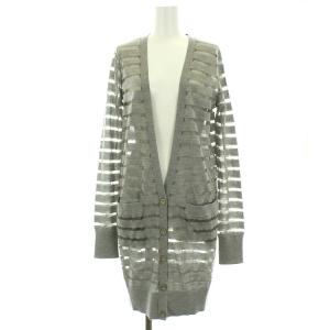 カーディガン ミドル丈 Vネック 切替 ボーダー ウール シルク混 M グレー