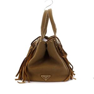 PRADA カナパ フリンジ トートバッグ ハンドバッグ キャンバス スエード スタッズ ブラウン