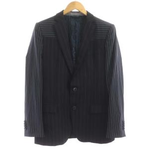ストライプ テーラードジャケット シングル 切替 2B 裏地総柄 ウール シルク混 46 ネイビー