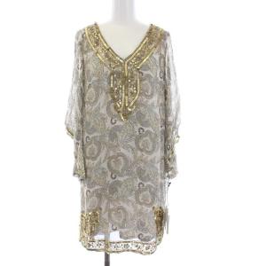 カフタンサラサOP 七分袖 ワンピース ひざ丈 スパンコール ビーズ Vネック 36 ベージュ