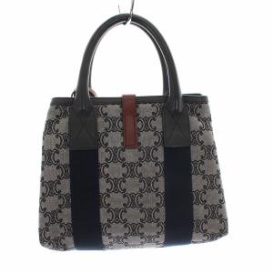 CELINE ハンドバッグ マカダム柄 キャンバス レザー ネイビー グレー