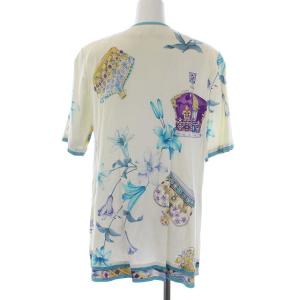 LEONARD FASHION ヴィンテージ ノーカラージャケット 五分袖 花柄 王冠 総柄 金ボタン L ホワイト ブルー