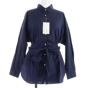 THE SHIRT20 ボウタイ付きシャツ ブラウス コットン ストライプ リボン 長袖 1 S 紺 ネイビー