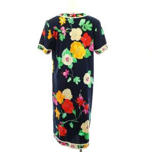 LEONARD ワンピース 花柄 半袖 ロング 肩パット入 L ネイビー