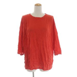 Tシャツ カットソー クルーネック プルオーバー 七分袖 シワ加工 レッド