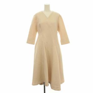 21AW ツイストカシュクールワンピース フレア ひざ丈 ミモレ丈 七分袖 Vネック 38 ベージュ